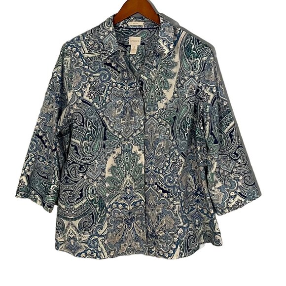 Chico's Cotton Non-Iron Blue Paisley V-Neck Button Down 3/4 Sleeve Shirt, XL - Picture 1 of 14